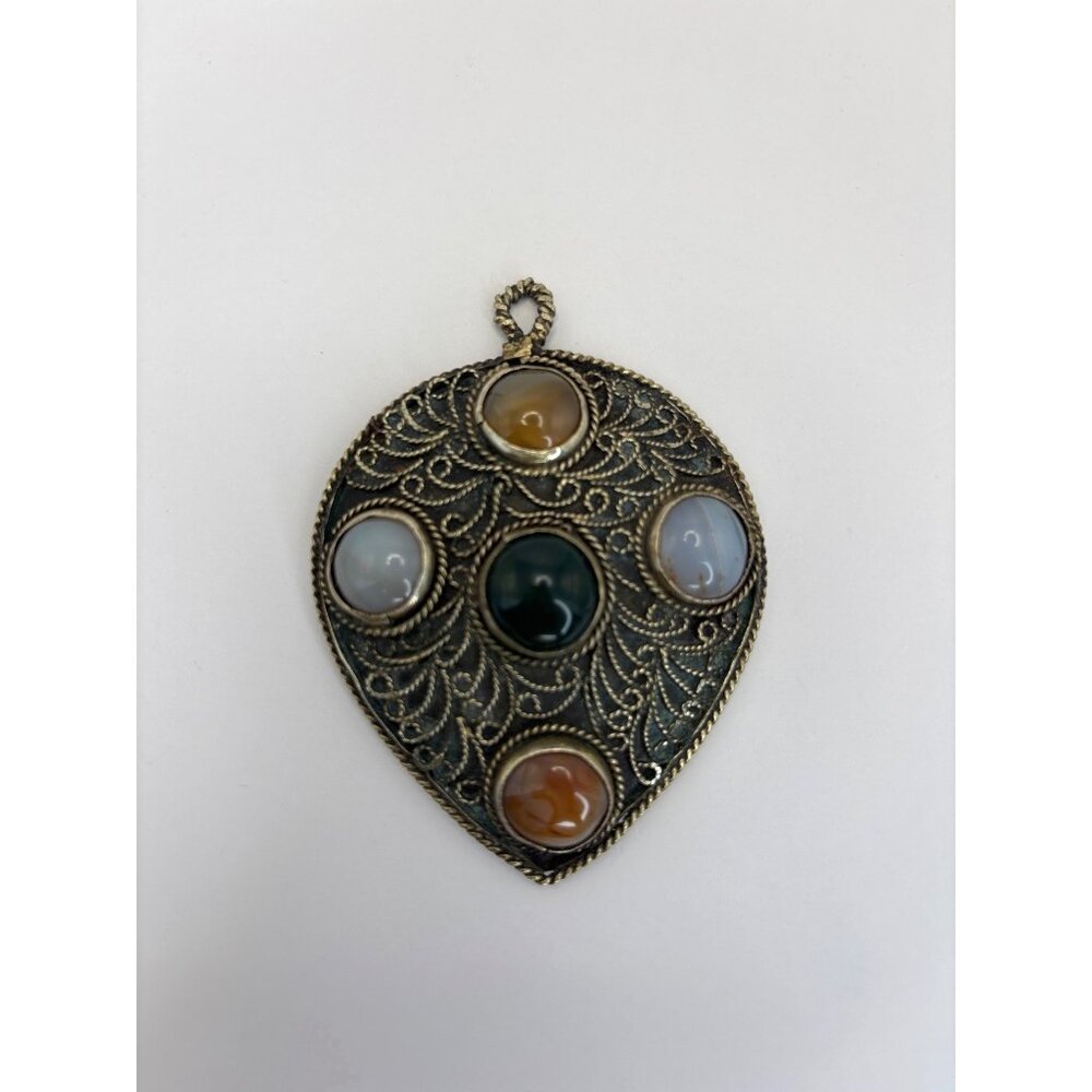 Vintage Persian Silver Tone Large Tear Drop Pendant with Agate Gemstones